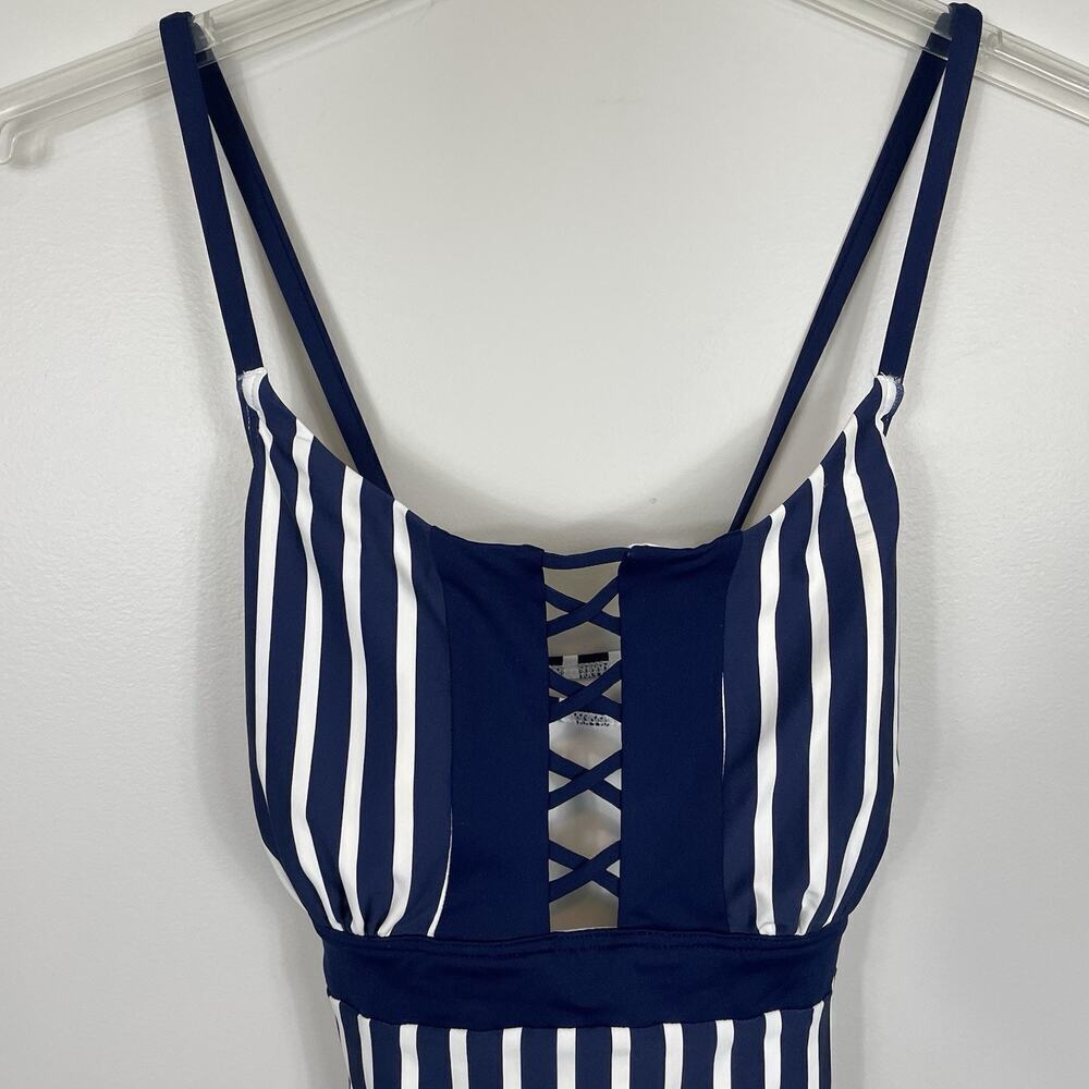 Lands End Lace Up One-Piece Swimsuit Womens 12 Blue & White Beach Resort Cruise - Picture 5 of 13